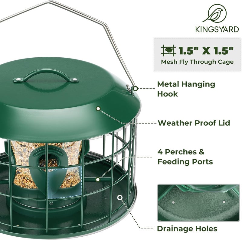 Kingsyard Tube Squirrel Proof Bird Feeders for Outdoor Hanging, Metal Caged Bird Feeder with Rain Proof Covered for Wildbirds Finches Bluebird, 4 Feeding Ports, Green - Image 3